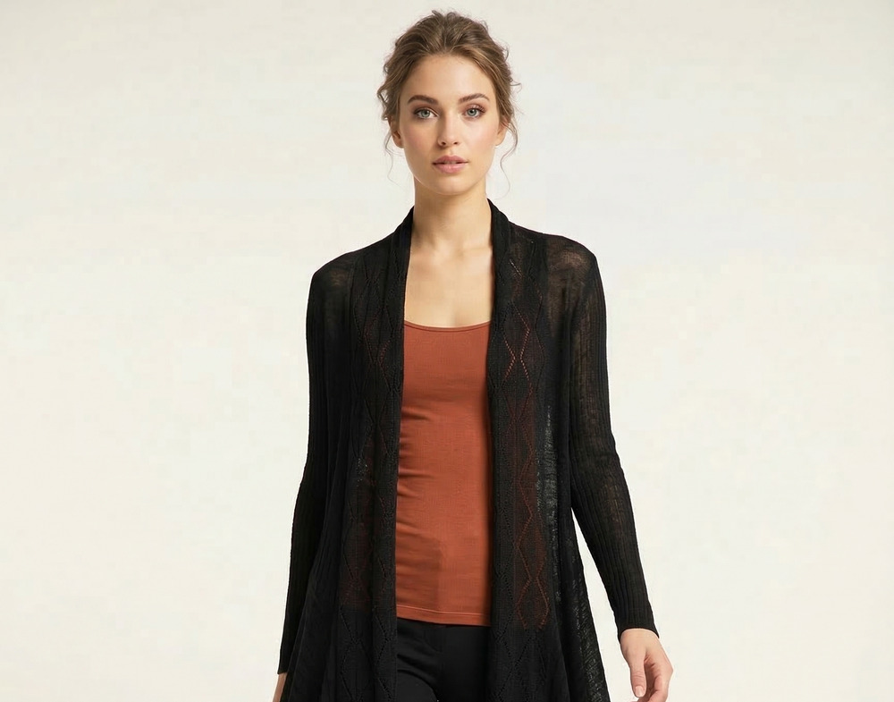 Lauren Michelle Cardigan Sweater Womens XL Black Open Knit Duster Semi Sheer
